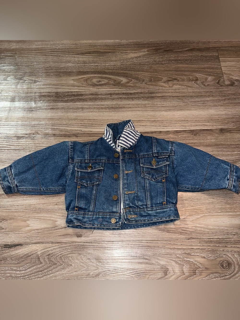 London Fog Kids Denim Jacket with Striped Liner - Blue size medium buttons